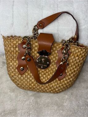 Michael Kors Brown Woven Straw Tote with Chestnut Leather Trim Santorini shopper